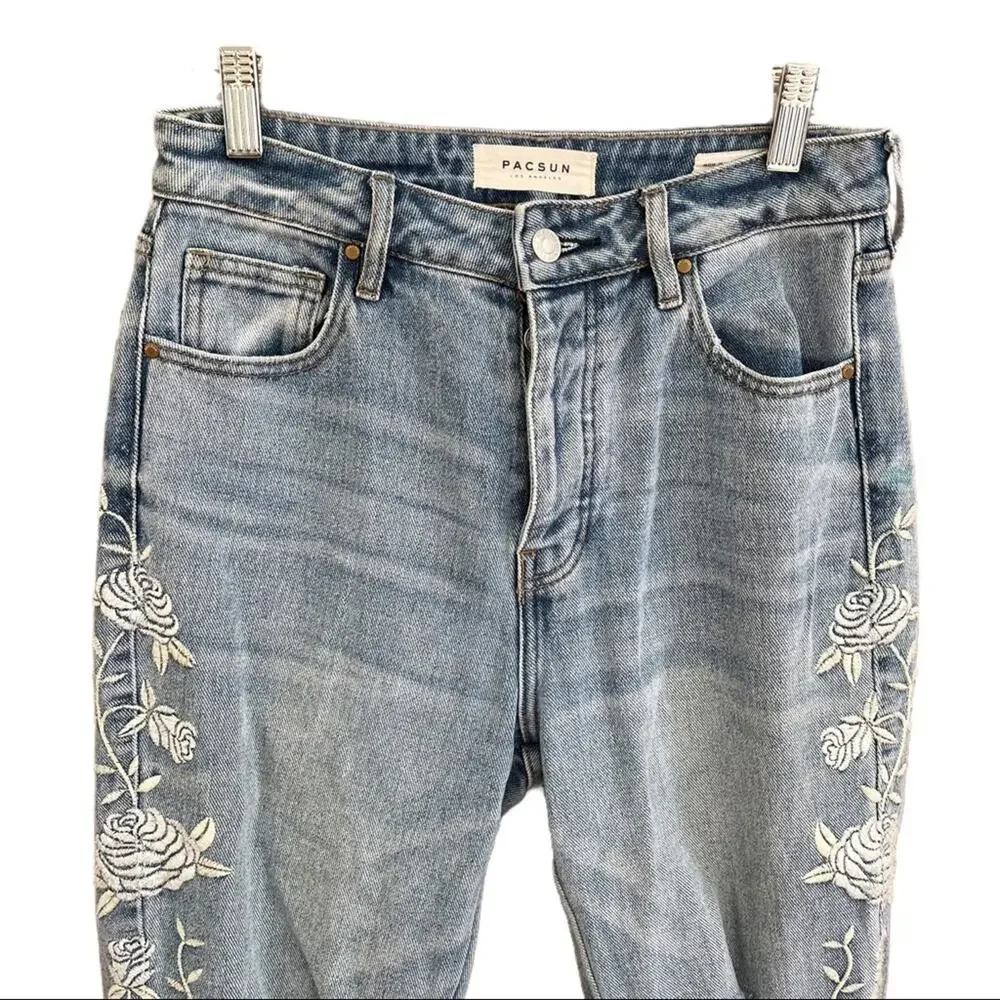 PacSun Distressed Embroidered High Rise Mom Jeans - Picture 5 of 9
